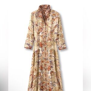 Soft Surroundings Gold Metallic Floral Print 3/4 Sleeve Maxi Shirtdress S   AA19